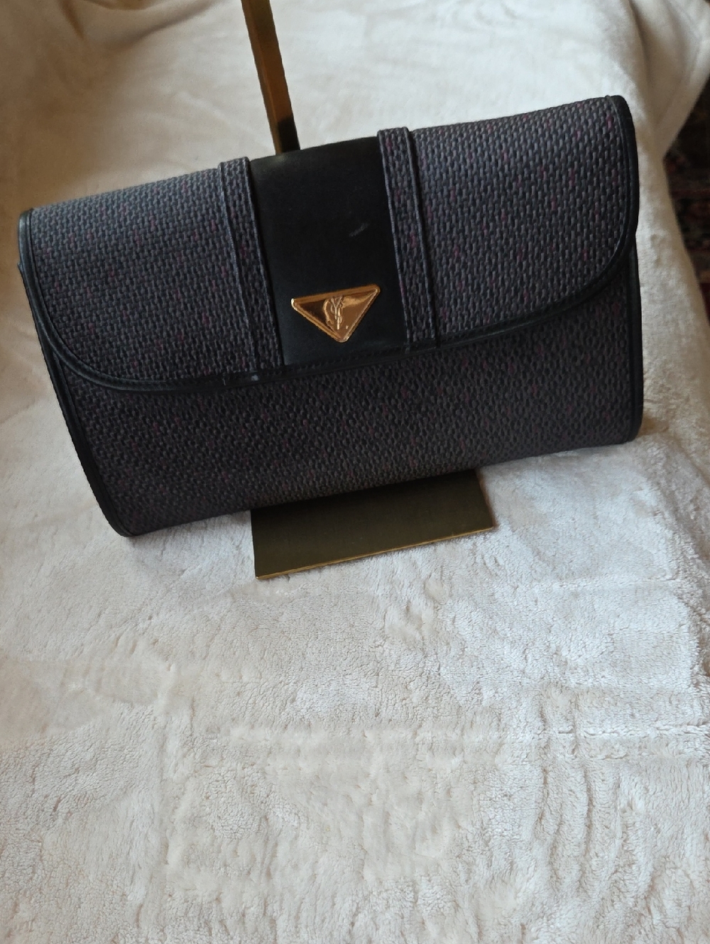 Yves Saint Laurent Navy Textured Shoulder Clutch with Gold YSL Accent - Picture 3 of 6